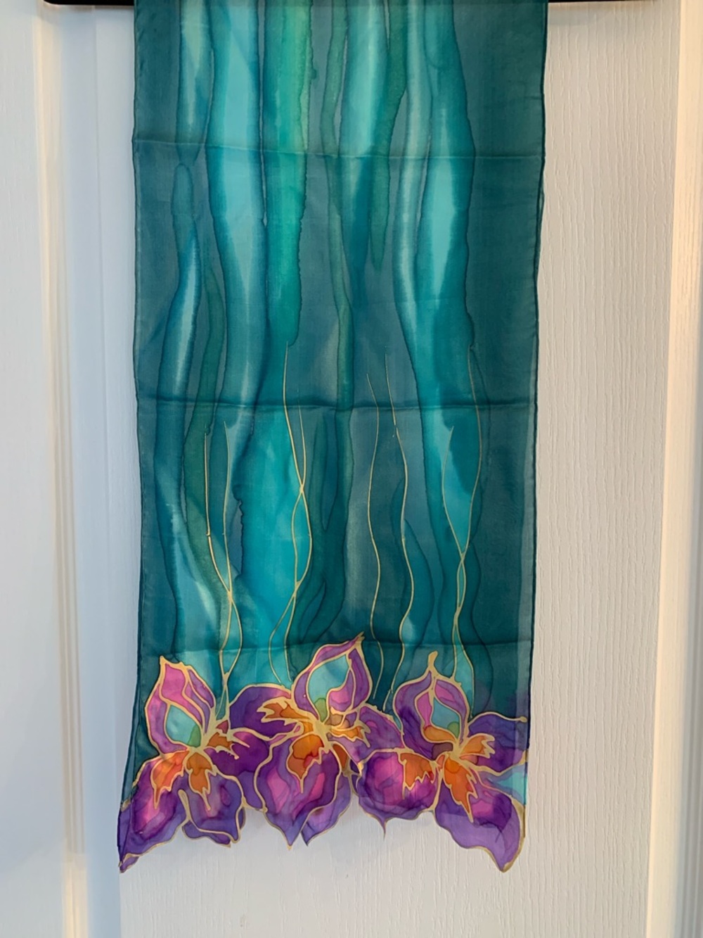 Hand-Painted & Signed Silk Scarf in Teal with Purple Floral Border - Picture 1 of 5